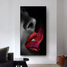 Lade das Bild in den Galerie-Viewer, Modern art oil painting woman sexy red lips spit red smoke on canvas poster and print wall decoration painting