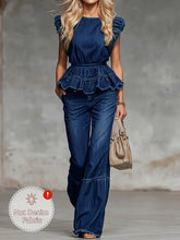 Lade das Bild in den Galerie-Viewer, Jeans Zweiteiler Top mit Rüschen und weitgeschnittene Hose hoher Bund
