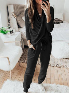 Damen V-Neck Long Sleeve Pullover Top And Pants Home Leisure Sportswear